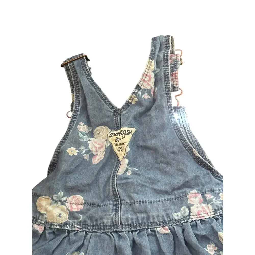 OshKosh B'Gosh Denim Overalls Dress Coverall Jumper Girls Size 3T Roses Flowers